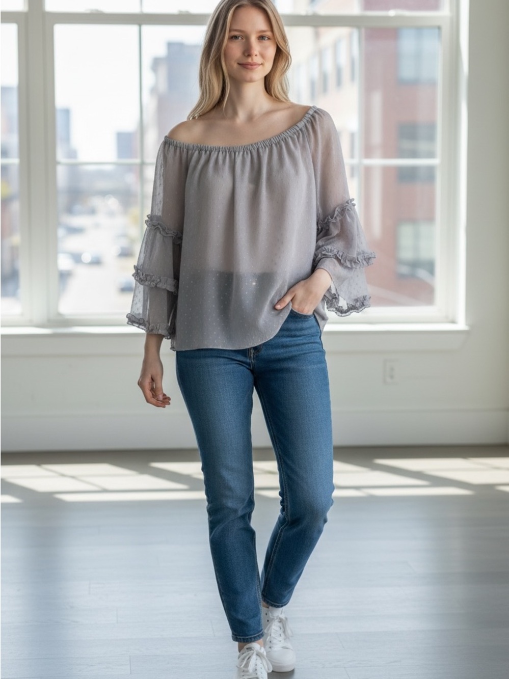 Sheer Off-the-Shoulder Ruffle Sleeve Blouse — Light Gray